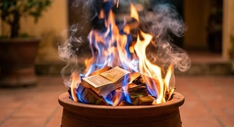 Mơ thấy giấy tiền vàng mã: Điềm báo hung cát & bảng tra cứu số 4 Nghi thức hóa vàng với ngọn lửa bùng cháy dữ dội tỏa ra ánh sáng ấm áp