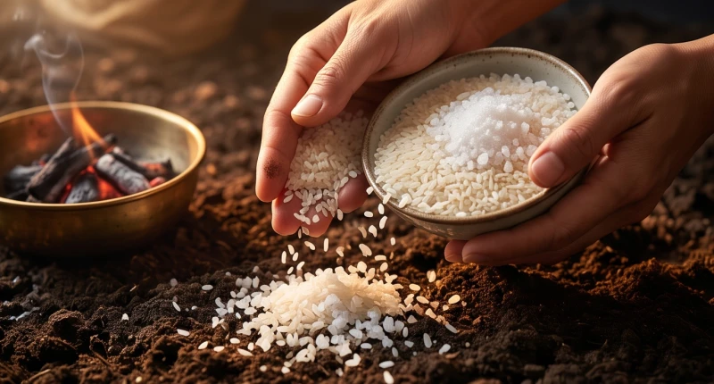 Nghi thức rắc gạo muối và rưới rượu sau khi hóa vàng hoàn tất buổi lễ cúng sao