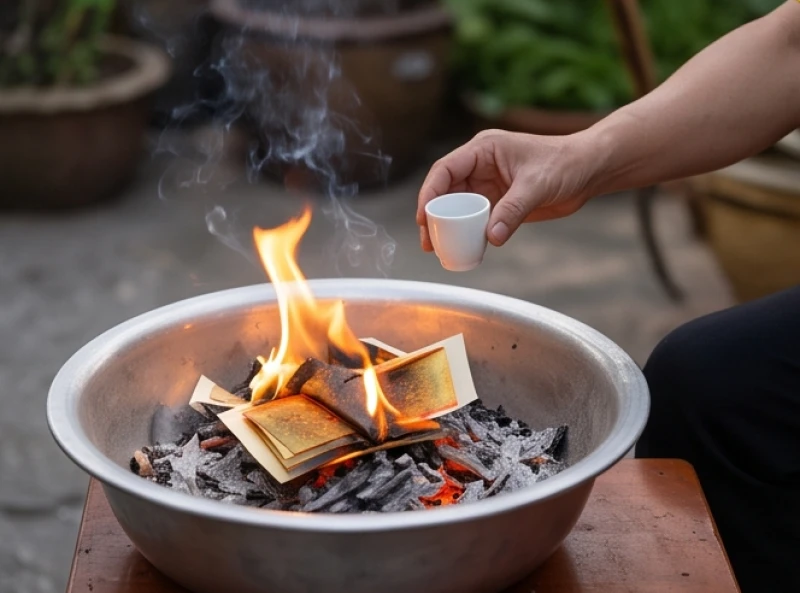 Hóa vàng mã và tưới rượu trắng lên đống tro hồng ngay sau khi hoàn tất nghi thức cúng Thần Tài