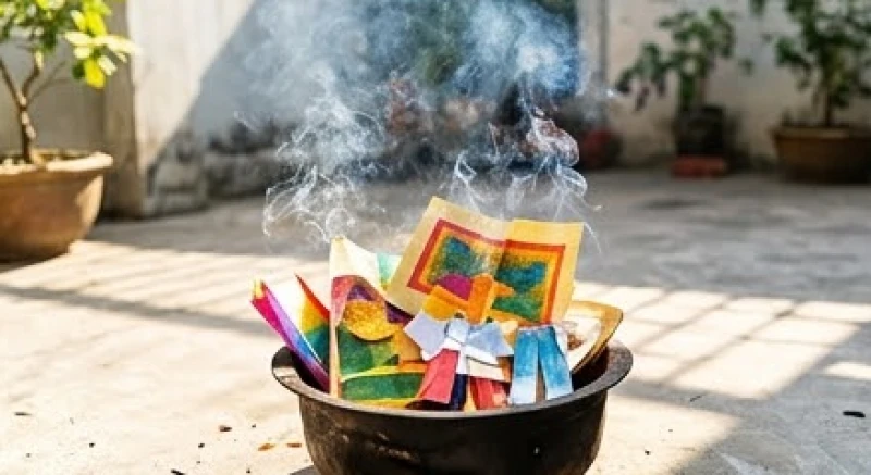 Nghi thức đốt giấy tiền vàng mã và quần áo giấy trước sân nhà sau khi nhang trên bàn cúng đã tàn