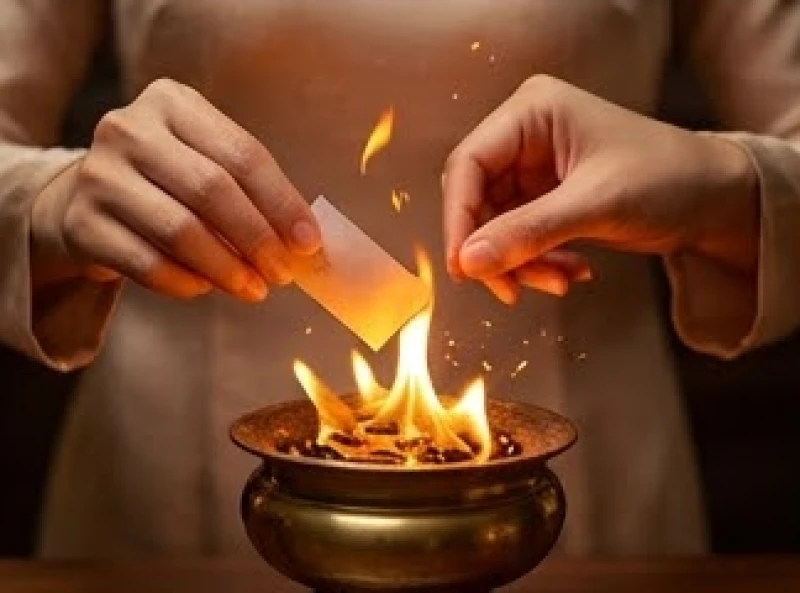 Đôi bàn tay cẩn thận thả tờ giấy chép lời khấn vào chậu hóa vàng đang rực cháy để gửi gắm thông điệp