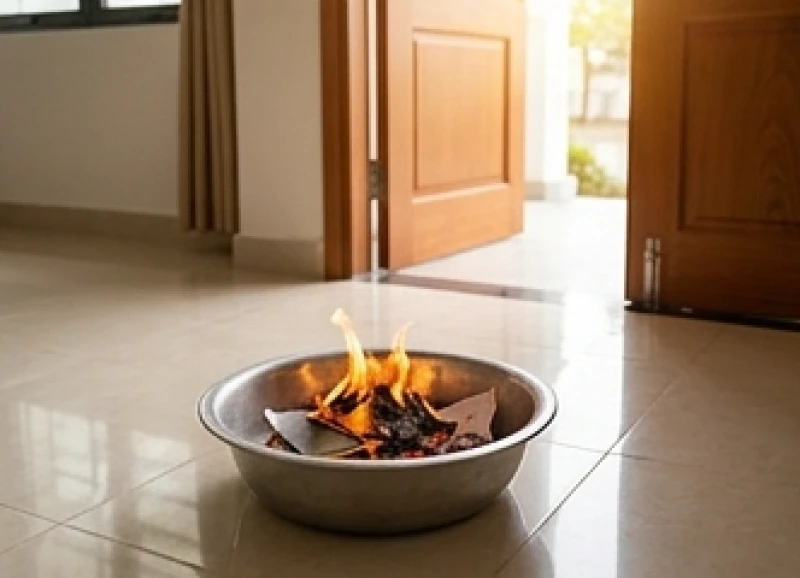 Tờ giấy mua bán nhà tượng trưng đang được hóa vàng cẩn thận trong chậu lửa nhỏ trước cửa nhà
