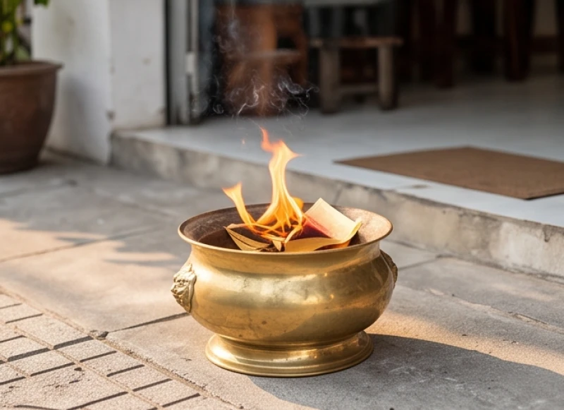 Ngọn lửa đang hóa vàng mã trong chậu nhỏ sau khi hoàn tất bài văn khấn
