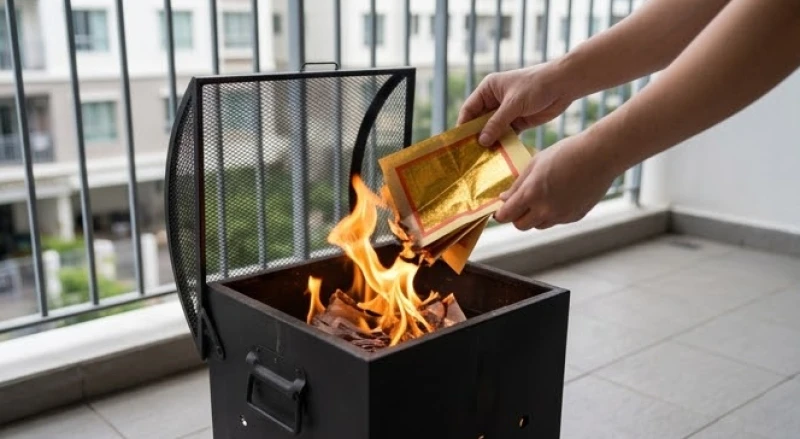 Văn khấn rằm tháng Giêng: Trình tự từng ban và quy tắc hóa vàng 13 Gia chủ cẩn thận đốt từng xấp tiền vàng mã trong lò chuyên dụng bằng kim loại