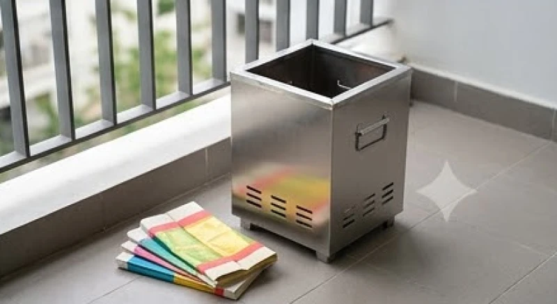 Khu vực hóa vàng mã ngoài trời được trang bị thùng tôn kín đáy, đảm bảo an toàn phòng chống cháy nổ cho nhà ở