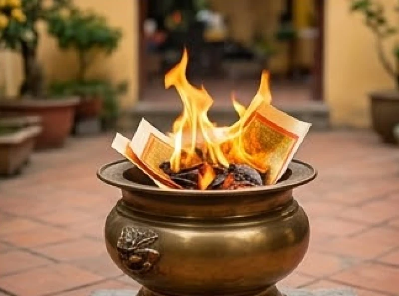 Đốt áo giấy và vàng mã trong lư hóa vàng chuyên dụng bằng đồng sau khi hoàn tất lễ cúng