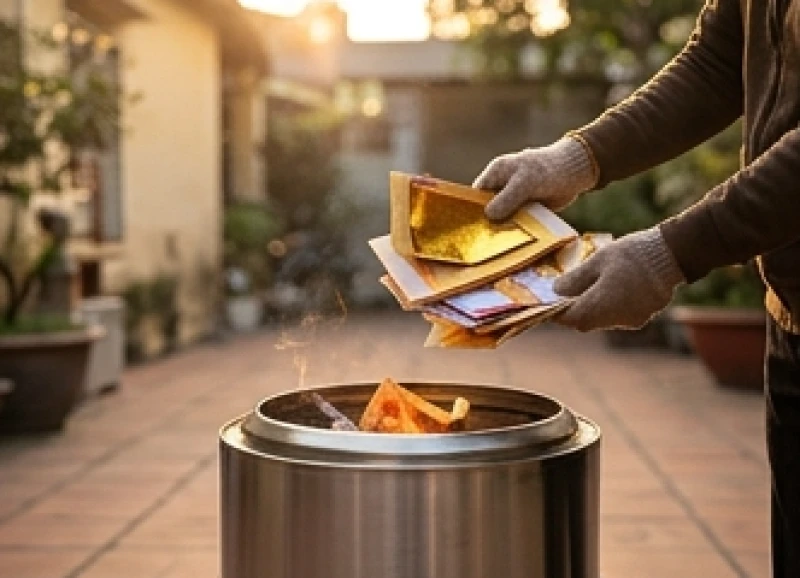 Văn khấn gia tiên mùng 3 Tết chuẩn cổ truyền và quy tắc hóa vàng 7 Hóa vàng mã ngoài sân vào buổi chiều với ánh sáng rõ ràng, đảm bảo an toàn phòng cháy và dương khí chưa tiêu tan