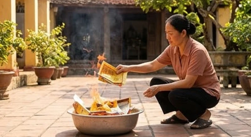 Gia chủ hóa vàng mã trong chậu thiếc chuyên dụng sau khi kết thúc lễ cúng