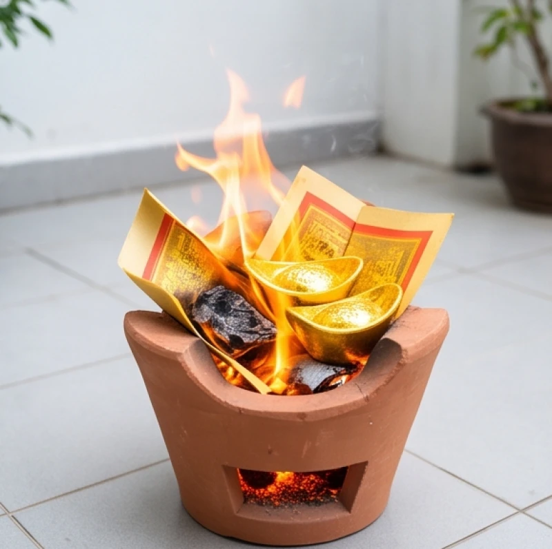 Lò đốt vàng mã bằng đất nung với ngọn lửa cháy đượm đốt cháy hoàn toàn giấy tiền và quần áo giấy