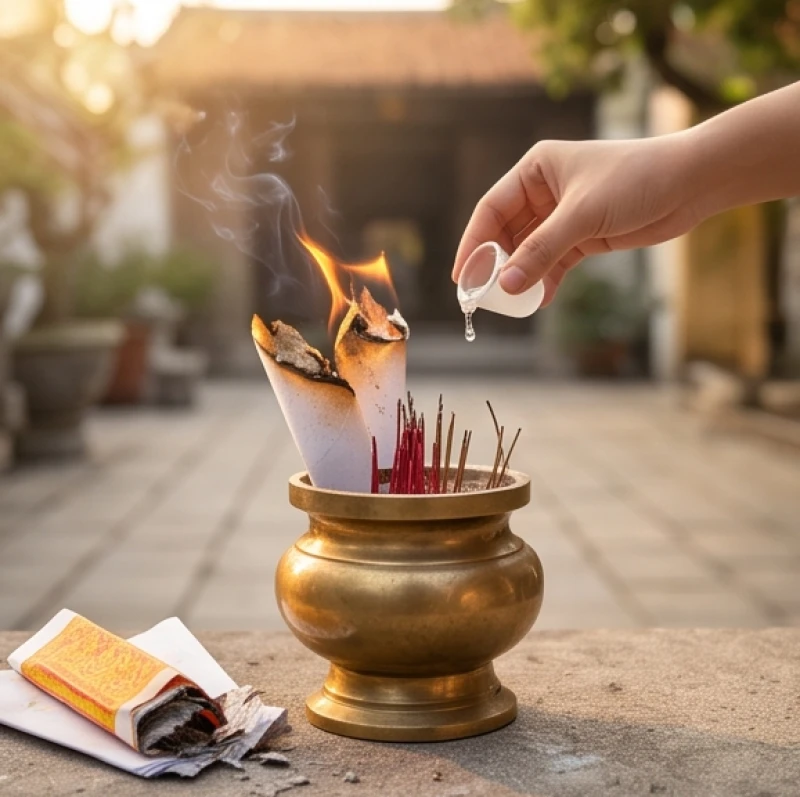 Gia chủ cẩn thận hóa tiền vàng và đồ giấy trong chiếc lư đồng nhỏ đặt ở góc sân