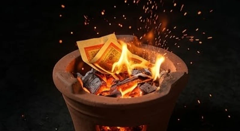 Lò đốt vàng mã rực lửa hồng đang thiêu rụi hoàn toàn các tờ tiền giấy và hình nhân thế mạng