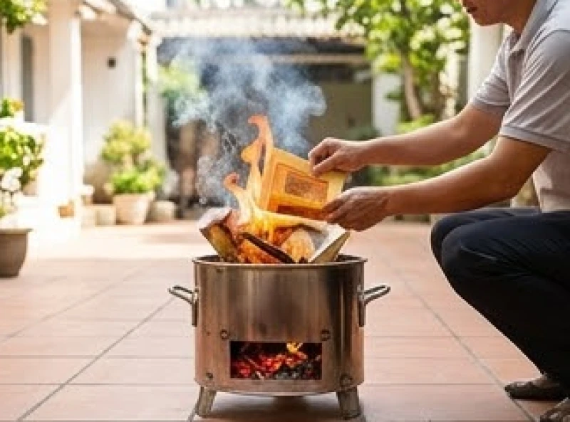 Gia chủ cẩn thận đốt các loại tiền vàng mã trong lò hóa vàng chuyên dụng đặt ở một góc sân vườn an toàn