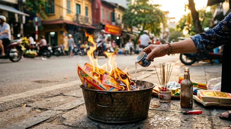 Ngọn lửa hóa vàng cháy rực rỡ bốc lên cao mang theo những lời thỉnh cầu tài lộc và sự hanh thông gửi đến các chư vị tôn thần