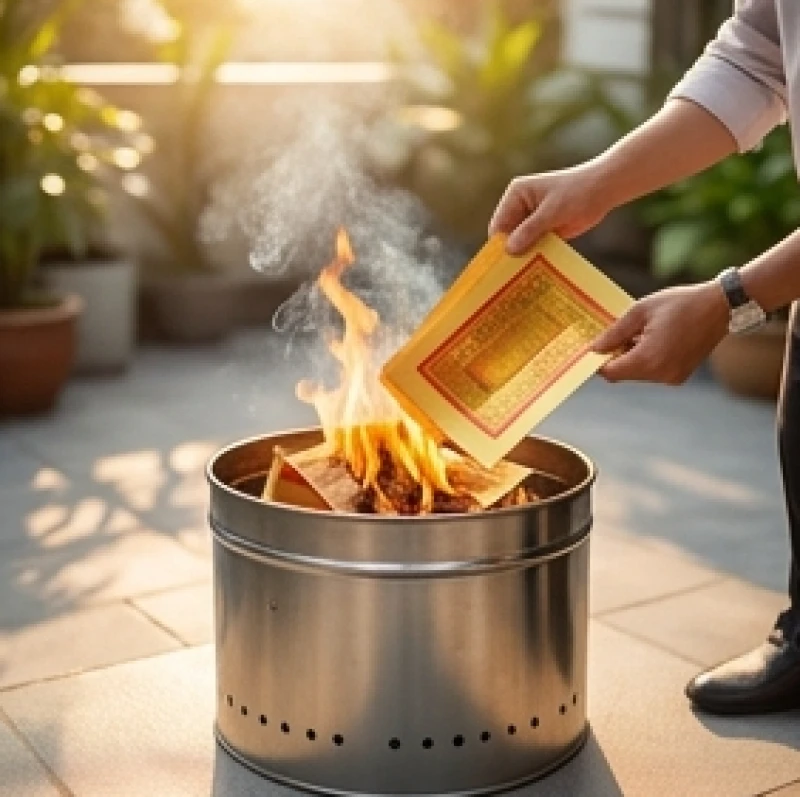 Người đại diện công ty cẩn thận dùng gậy gạt đốt tiền vàng mã trong lò nhôm chuyên dụng sau khi hương tàn