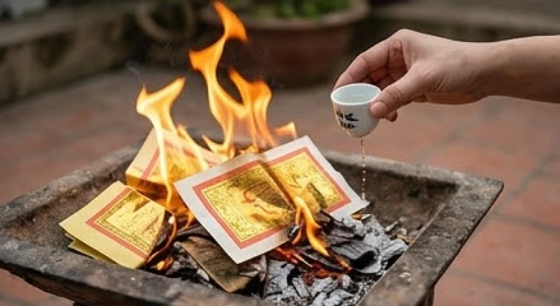 Văn khấn miếu thần linh: Trình tự dâng lễ và bài cúng chuẩn 7 Hóa vàng mã sau khi lễ miếu và vẩy rượu trắng lên đống tro để hoàn tất nghi thức