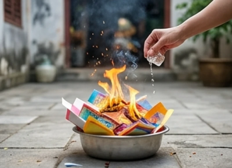 Giấy tiền vàng mã và bộ đồ thế được đem đi hóa thành tro sau khi nhang tàn