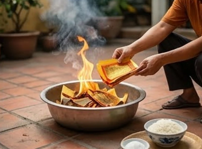Nghi thức hóa vàng mã và rải gạo muối sau khi hương đã tàn đến vạch quy định