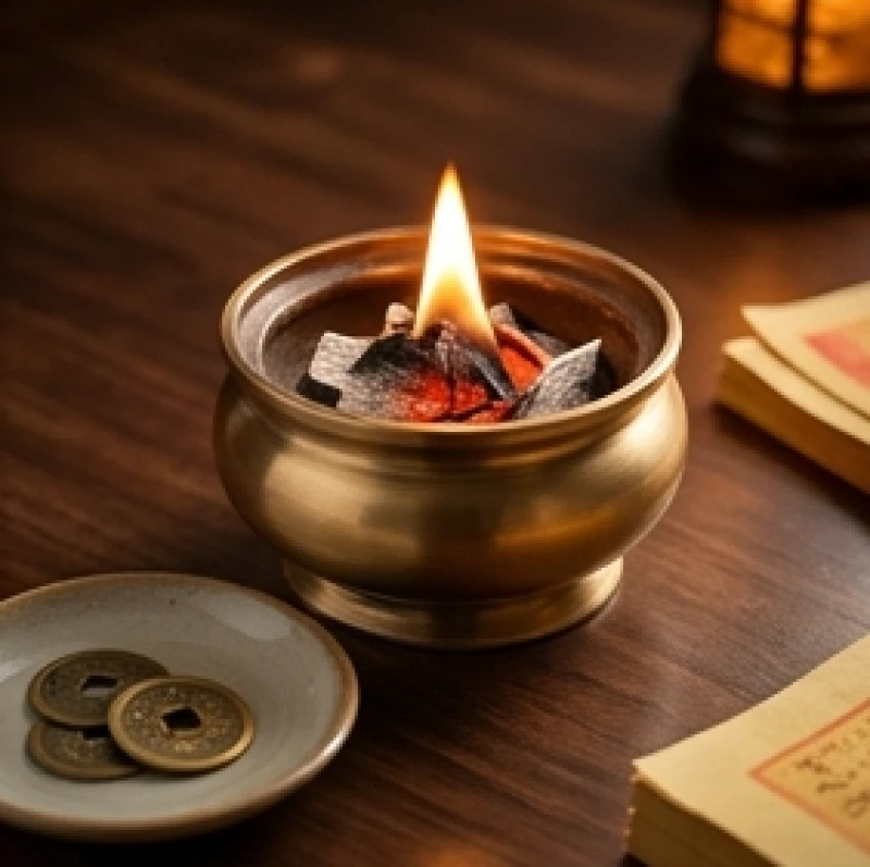 Hướng dẫn chọn ngày tốt cho tuổi Mão: Quy tắc ngũ hành, nam nữ 11 Ngọn lửa đang cháy sáng khi hóa vàng mã trong chiếc chậu đồng bên cạnh hai đồng xu
