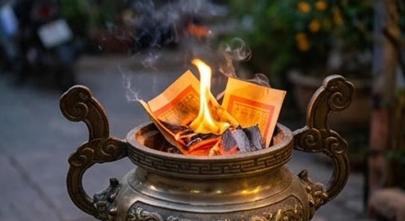 Văn khấn Tết Hạ Nguyên: Bài cúng chuẩn & trình tự tạ lễ 7 Hóa vàng mã và sớ cẩn thận trong lư hương kim loại sau khi lễ cúng hoàn tất