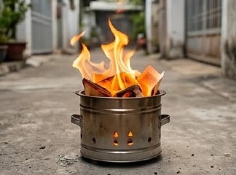 Gia chủ hóa vàng mã an toàn tại lò đốt mã tập trung của khu chung cư sau khi hương trên bàn thờ đã tàn