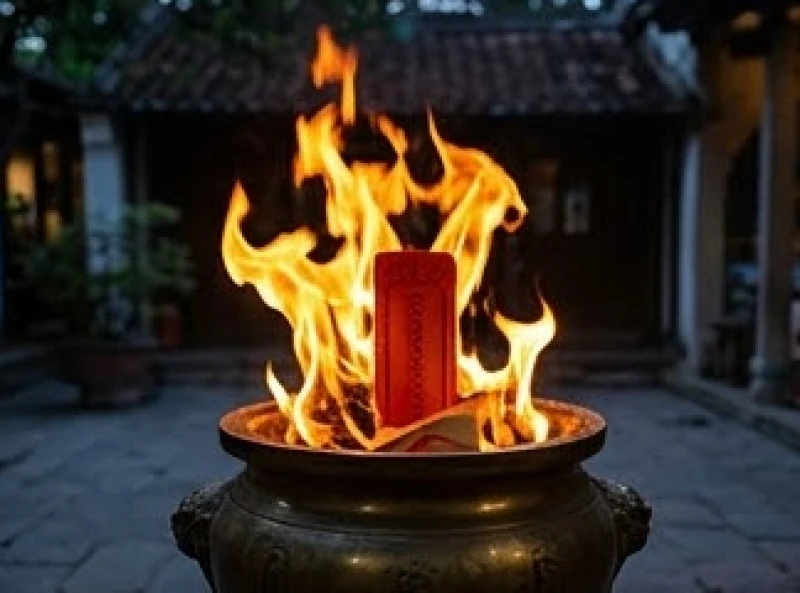 Ngọn lửa ấm áp bốc lên khi hóa giấy tiền vàng bạc trong chiếc chậu đồng cũ