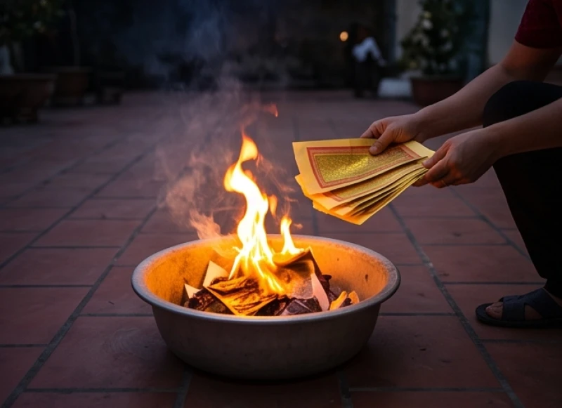 Quá trình hóa vàng mã sau lễ cúng được thực hiện cẩn thận theo thứ tự phần của thần linh trước rồi mới đến gia tiên