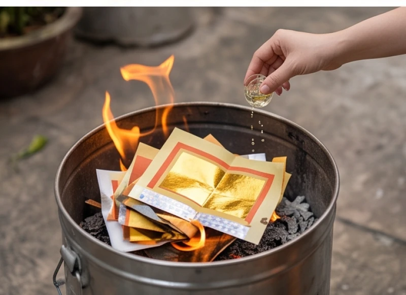 Gia chủ hóa vàng mã trong lò đốt an toàn sau khi hương trên bàn thờ Thần Tài đã cháy quá nửa