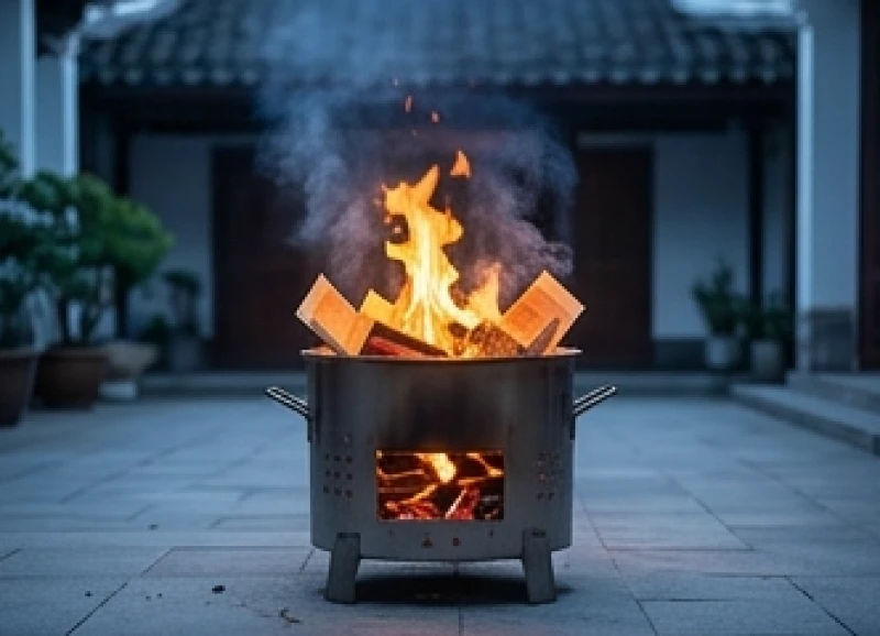 Văn khấn Thổ Công ngày rằm: Bài cúng chuẩn và quy trình hạ lễ 9 Lò đốt vàng mã cháy rực rỡ ở góc sân nhà sau khi hoàn tất nghi thức thắp hương tạ ơn thần linh