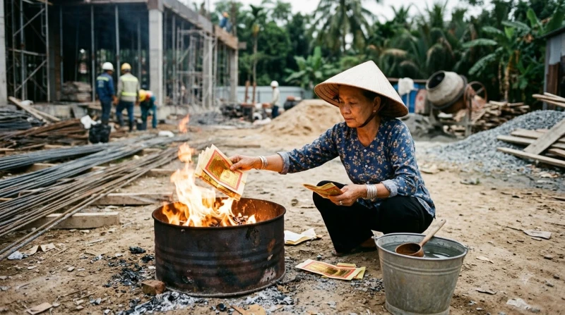 Tiền vàng mã và giấy áo quan được đốt cẩn thận trong một chiếc chậu nhôm cách xa các vật liệu dễ cháy tại công trường