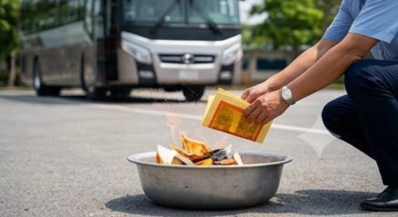 Hóa vàng mã sau khi cúng xe khách với khoảng cách an toàn tránh xa khu vực nạp nhiên liệu