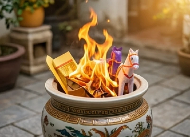 Lò đốt vàng mã bằng gốm sứ đang rực lửa hóa vàng trong lễ tạ đất cuối năm an toàn