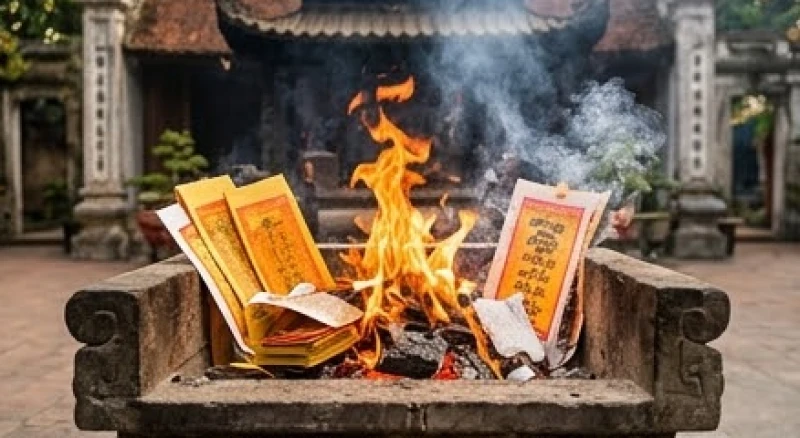 Tro tàn của giấy sớ và vàng mã đang cháy rực trong lò hóa sớ sau khi hoàn tất nghi thức vái tạ hạ lễ