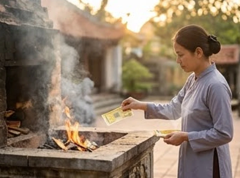Văn khấn xin lộc Đền Bắc Lệ: Trọn bộ bài khấn và cách sắm lễ 11 Nghi thức hóa vàng mã được thực hiện cẩn thận tại lò hóa vàng chung của khuôn viên đền