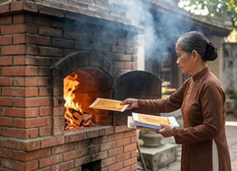 Người hành hương từ tốn đưa các vật phẩm vàng mã giấy vào lò hóa sớ rực lửa của đền