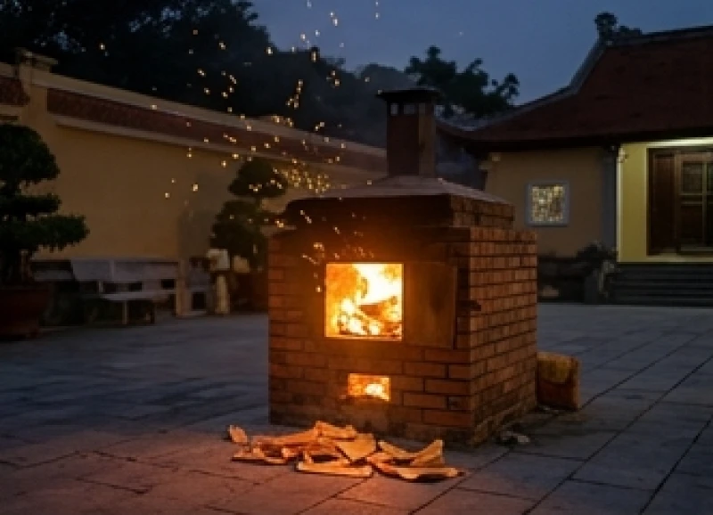 Tín chủ hóa đồ mã cẩn thận tại khu vực lò đốt quy định nhằm giữ gìn an toàn cho khu di tích Hàng Dương