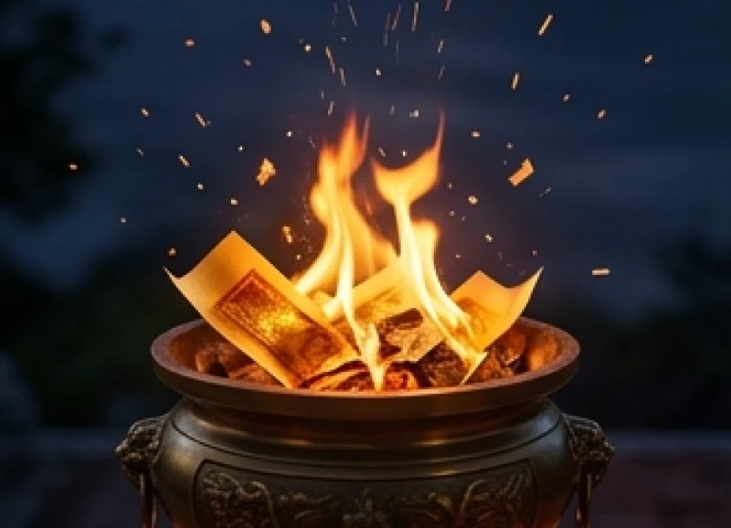 Tuổi Thìn tam tai năm nào: Bảng mốc thời gian và cách giải hạn 9 Ngọn lửa đang cháy sáng trong lư đồng dùng để hóa vàng mã giải xui cuối ngày