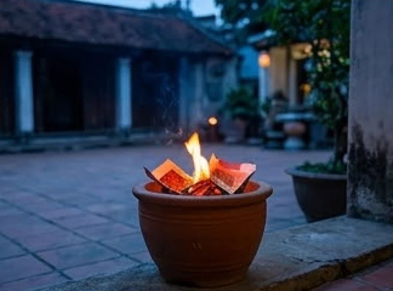 Đốm lửa nhỏ đang hóa tro các loại giấy đỏ và vàng mã trong chiếc chậu sành góc sân sau nghi thức cúng lễ