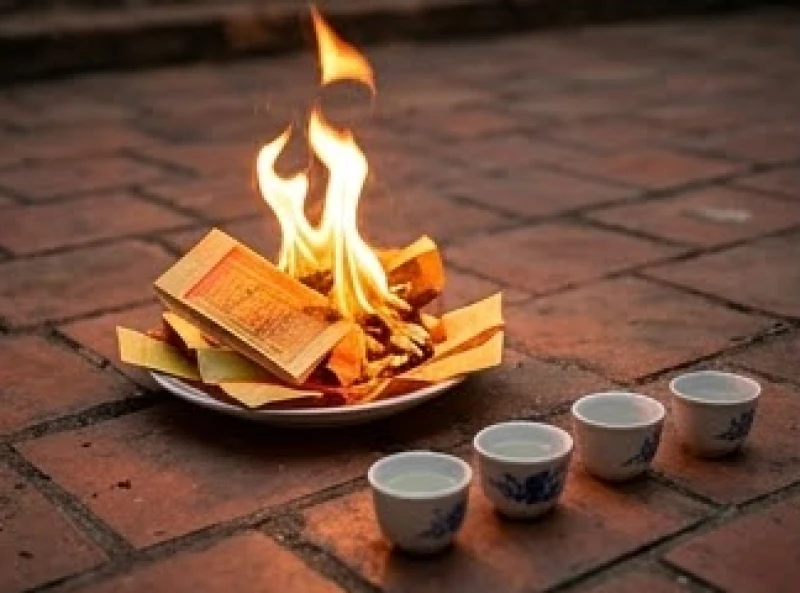 Ngọn lửa bùng cháy đống vàng mã nhỏ ngoài sân gạch kèm theo ba chén rượu trắng đặt ngay ngắn bên cạnh