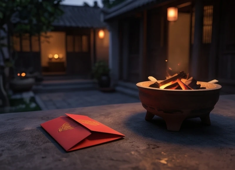 Gói giấy đỏ chứa lễ vật giải xui được đặt cẩn thận trước khi thực hiện nghi thức đốt bỏ