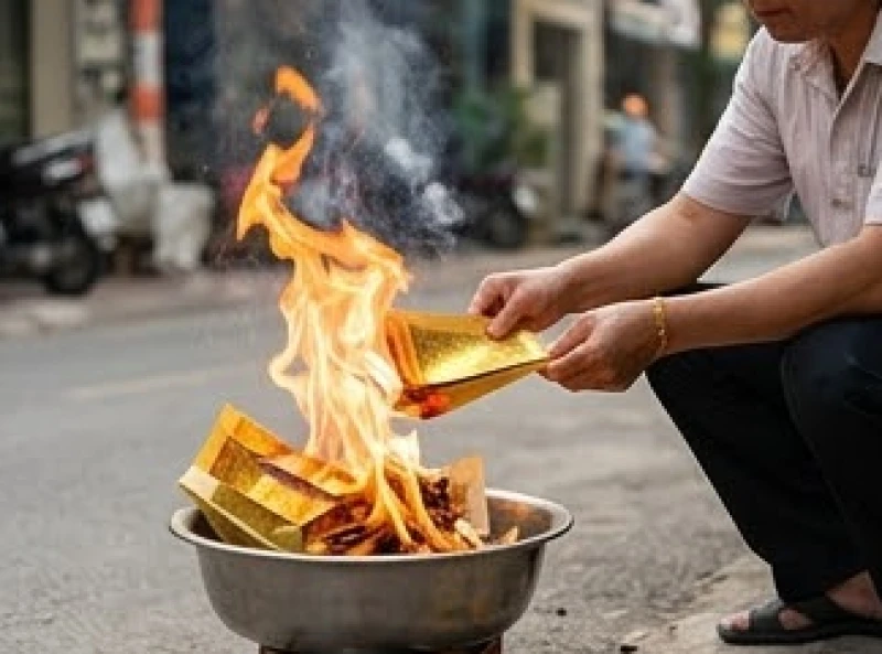 Chủ cửa hàng đang cẩn thận đốt bộ giấy tiền vàng mã dâng các quan thần linh sau khi nhang tàn
