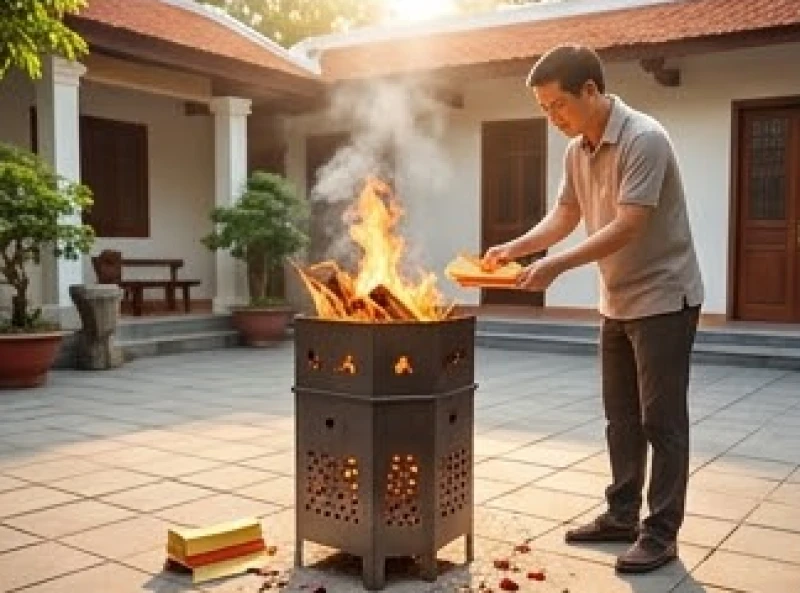 Gia chủ đốt tiền vàng mã trong thùng kim loại chuyên dụng tại khu vực sân trống cách xa đồ đạc