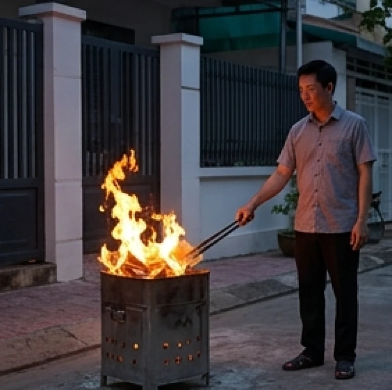 Gia chủ cẩn thận đốt tiền vàng mã ngoài sân cho cháy hoàn toàn, sau đó rưới rượu bao quanh để tạo vòng tròn bảo vệ