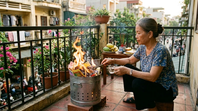 Ngọn lửa cháy đượm khi hóa vàng mã trong lò đốt chung cư, sau đó được tưới rượu lên tro tàn