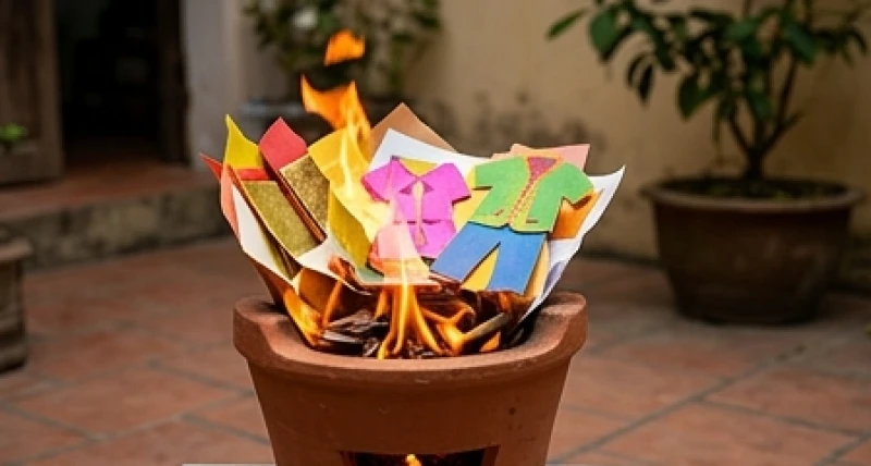 Gia chủ hóa vàng mã cẩn thận trong lò đốt bằng gốm chịu nhiệt sau khi hương trên bàn thờ tàn được hai phần ba