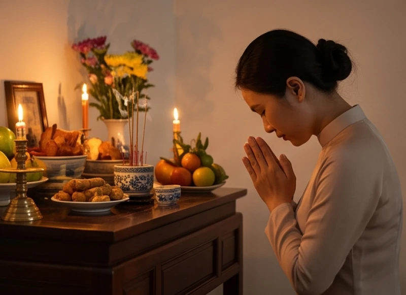 Gia chủ chắp tay vái tạ và chuẩn bị đem vàng mã đi hóa sau khi hương cháy hết hai phần ba trong ngày rằm