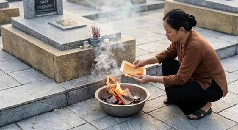 Văn khấn cáo giỗ ngoài mộ: Bài cúng chuẩn & nghi thức thực địa 7 Tàn tro của vàng mã đang được hóa cháy cẩn thận tại một góc an toàn cạnh khuôn viên phần mộ gia tiên