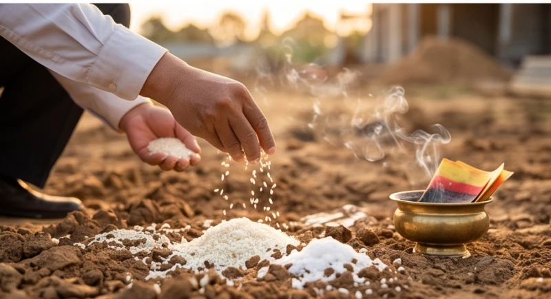 Người chủ lễ rải muối gạo và rót rượu trắng xuống mặt đất sau khi hoàn tất nghi thức hóa vàng mã