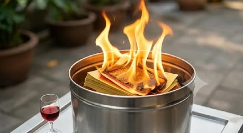 Văn khấn gia tiên rằm tháng 7 chuẩn cổ truyền và cách sắm lễ 8 Ngọn lửa đang cháy rực để hóa đốt tiền vàng mã cúng rằm trong lò đốt kim loại ngoài sân