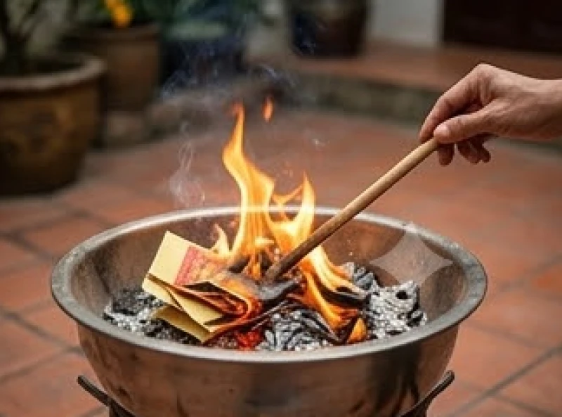 Đốt giấy tiền vàng mã cẩn thận trong chậu nhôm ngoài sân để gửi vật phẩm cho người cõi âm thụ hưởng