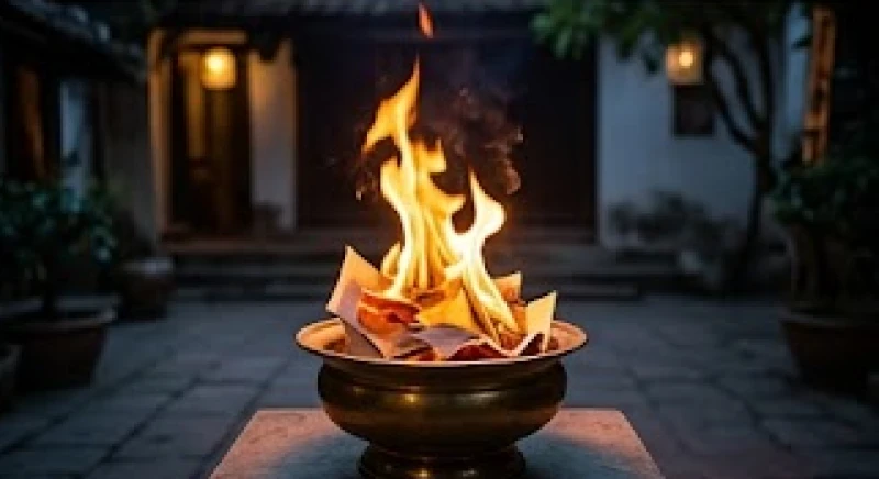 Văn khấn gia tiên đêm giao thừa: Bản chuẩn cổ truyền & rút gọn 7 Ngọn lửa rực sáng đang hóa cháy những thếp tiền vàng mã trong một chiếc chậu đồng nhỏ